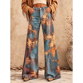 Women's Jean Denim Cotton Blend Wide Leg Palazzo Pants Elegant Vacation Vintage Full Length Mid Waist Graphic Geometric Abstract Drawstring Patchwork Printing
