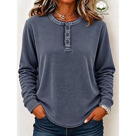 Women's Waffle Shirt Washed Cotton 100% Cotton Pullover Solid Color Casual Long Sleeve Henry Collar Regular Tops Casual Black Dark Green Brick red Dark Blue Be