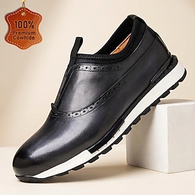 Men's Genuine Cowhide Leather Slip-On Shoes, Black Brogue Casual Walking Shoes …