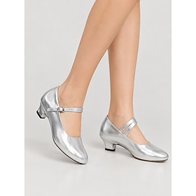 Women's Ballroom Shoes  Modern Dance Shoes, Silver Metallic Mary Jane Dance Shoes with Low Heel, Buckle Strap Closed Toe Pumps for Women's Waltz, Latin, Weddin