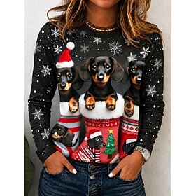 Christmas Women's T Shirt Print Graphic Dog Christmas Vintage Fashion Stylish Long Sleeve Crew Neck Regular Tops Casual Daily Weekend Blue Black Red Green Spri