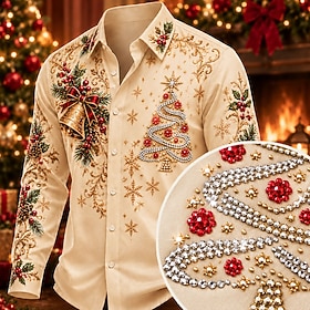 Christmas Men's Christmas Tree Button Up Rhinestone Shirt Casual Dress Shirt Long Sleeve Fashion Casual Vacation Dailywear Summer Spring Fall Turndown Collared