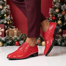 Men's Red Crocodile Embossed Loafers Slip On Dress Shoes Low Heel Classic Elegant Formal Business Casual Shoes for Christmas Party Holiday Wedding Evening Even