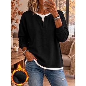 Women's Waffle Hoodies Waffle Sweatshirts Layered Top Fleece Patchwork Elegant Ethnic Romantic Long Sleeve V Neck Long Tops Casual Holiday Black Beige Spring F