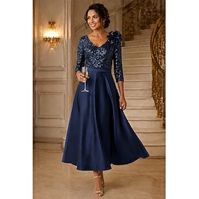 Corte A Hasta el Tobillo Vestimenta formal Elegante Lentejuelas Manga 3/4 Escote en Pico cóctel Fiesta de baile Satén Lentejuelas con Brillante Flor bordada Le