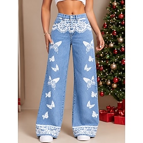 Christmas Women's Jeans Denim Wide Leg Vacation Vintage Basic Full Length High Waist Floral Graphic Comfy Comfort Comfortable Inelastic Casual Daily Daily Wear