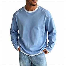 Men's T Shirt Long Sleeve Crew Neck Spring Fall Winter Solid Color Daily Casual Crewneck Color Block Casual Daily Outdoor White Light Blue Gray Top Tee for Men