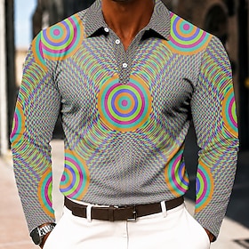 Men's Optical Illusion Circle Sports Polo Shirts Long Sleeve Polo Shirts Lapel Casual Outdoor Athleisure Daily Wear 3D Print Buttons Spring Spring Fall White
