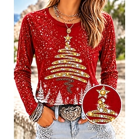 Christmas Women's Sequins Rhinestone T Shirt Rhinestone Floral Plants Elegant Vintage Stylish Long Sleeve Crew Neck Round Neck Regular Tops Casual Black Yellow