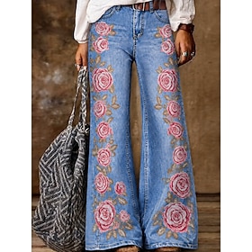 Women's Jeans Denim-look Wide Leg Chinos Vacation Vintage Basic Full Length High Waist Floral Graphic Flower / Floral Print Breathable Inelastic Daily Vacation