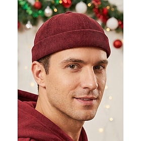 Men's Retro Solid Corduroy Docker Cap, Adjustable Polyester Brimless Fisherman Hat in Multiple Colors, Vintage Casual Winter Hat for Christmas, Travel, Streetw