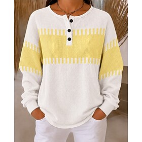Women's Waffle Sweatshirts Textured Graphic Geometric Striped Casual Print Long Sleeve Crew Neck Round Neck Regular Tops Casual Street Holiday White Light Yell