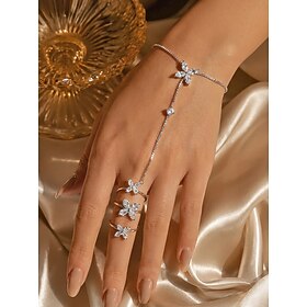 Women's Alloy Flower Cubic Zirconia Hand Chain Bracelet, Elegant Finger Ring Bracelet in Gold or Silver Tone, Delicate Jewelry for Weddings, Parties Evening E
