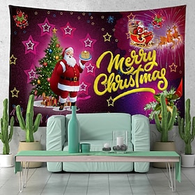 Christmas Tapestry Wall Hanging Christmas Tree Santa Claus Snowman Printed Fabric Wall Banner Holiday Party Backdrop Blanket Curtain Sheet with Nails Hooks for