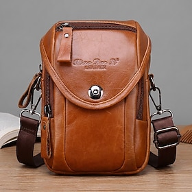 Men's Genuine Leather Crossbody Bag, Multi-Pocket Small Shoulder Bag with Adjustable Strap  Belt Loop, Vintage Black Brown Coffee Waist Pouch for Travel, Daily