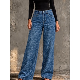 Women's Jeans Wide Leg Vacation Vintage Basic Full Length High Waist Floral Graphic Paisley Comfy Comfort Comfortable Inelastic Casual Daily Daily Wear Blue Su