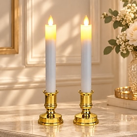 LED Taper Candles with Gold Holders, 2-Pack Flameless Taper Candles with Removable Candle Holders, Battery Operated, for Christmas Windows, Mantel, Dining Tab