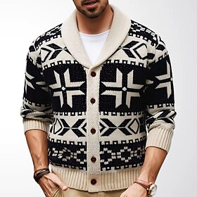 Men's Sweater Cardigan Sweater Ribbed Knit Regular Tops Button Up Knitted Geometric Shawl Collar Vintage Neutral Casual Daily Wear Clothing Apparel Fall Winter