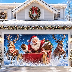 Christmas Garage Door Cover, 3D Santa Claus Sleigh Flying Print Garage Door Banner, Santa Reindeer Christmas Night Sky Backdrop for Outdoor Holiday Decorations