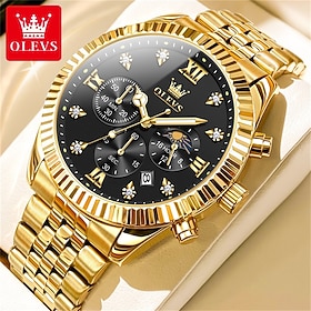 OLEVS Men's Quartz Watch, Black Dial, Gold-Tone Stainless Steel Bracelet, Multifunctional Lunar Phase Dial, Luminous Hands, 30M Waterproof, Classic Business Dr