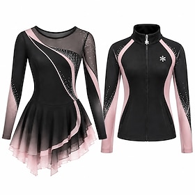 Figure Skating Dress with Jacket Women's Ice Skating Outfits Black Patchwork Asymmetric Hem Stretchy Training Competition Skating Wear Classic Crystal / Rhines