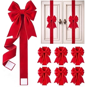 6 Pcs Red Velvet Christmas Cabinet Bows Ribbons for Kitchen 78.7 Inch Large Christmas Cabinet Door Gift - Wrap Decoration for Xmas Holiday Furniture Bows Decor