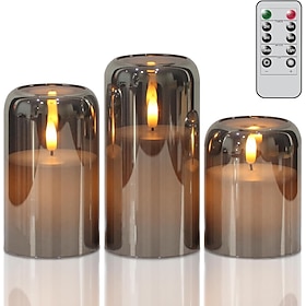 Black Glass LED Flameless Candles with Remote Timer Battery Operated Candles with Flickering, Real Wax Pillar Candle for Halloween Christmas Home Decor,3 Pack,