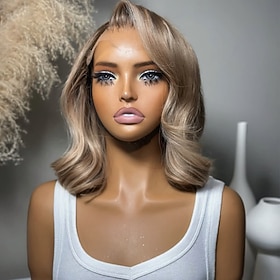 100% Virgin Human Hair 5x5 Closure 13x4 Lace Front Wig Middle Part Brazilian Hair Wavy Ash Blonde Highlight Colored Wig with Baby Hair Natural Hairline Glueles