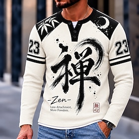 Men's Day of the Dead Chinese character Waffle Henley Shirt Casual Style Classic Style Long Sleeve Fashion Designer Casual Casual Daily Outdoor Fall  Winter Sp
