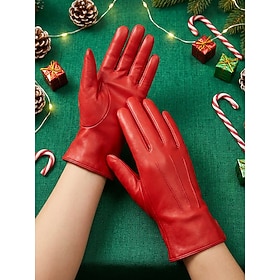 Women's Genuine Lambskin Leather Gloves, Soft Fleece-Lined Solid Color Full-Finger Winter Gloves, Elegant Classic Style for Christmas, Commuting and Everyday W