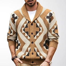 Men's Sweater Cardigan Sweater Ribbed Knit Regular Tops Button Up Knitted Geometric Shawl Collar Vintage Neutral Casual Daily Wear Clothing Apparel Fall Winter