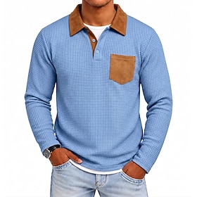 Men's Waffle Polo Shirts Casual Vacation Turndown Long Sleeve Fashion Leisure Solid Color Textured Buttons Fall Winter Fall Regular Navy Blue Purple Dark Grey