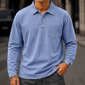 SoftFade™ Men's 100% Cotton Acid Wash Polo Casual Vacation Turndown Long Sleeve Fashion Leisure Solid Color Buttons Plain Fall Winter All Seasons Regular Ligh