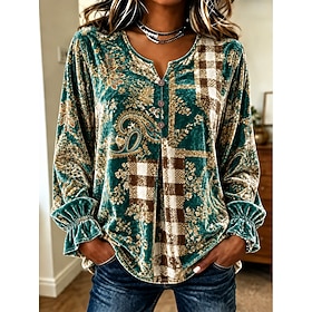 Women's Velvet Shirt Patchwork Buttons Print Floral Graphic Leaf Elegant Vintage Fashion Long Sleeve V Neck Regular Tops Casual Daily Holiday Blue Black Red Gr