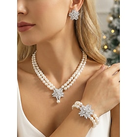 Women's Faux Pearl Jewelry Set, 3-Piece Snowflake Necklace, Stud Earrings Bracelet with Silver-Tone Alloy and Rhinestone Accents for Weddings, Parties, Formal