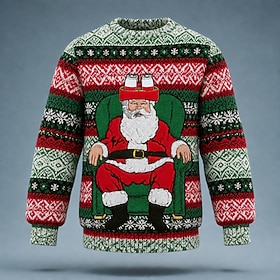 Christmas Men's Santa Claus Pullover Sweater Jumper Knitwear Crewneck Casual Daily Vacation 3D Print Novelty Keep Warm Long Sleeve Spring Fall Winter Blue Yell