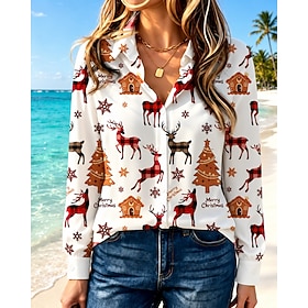 Christmas Women's Shirt Animal Christmas Tree Snowflake Vacation Vintage Daily Long Sleeve Regular Tops Casual Daily Streetwear White Summer Spring Fall Winter