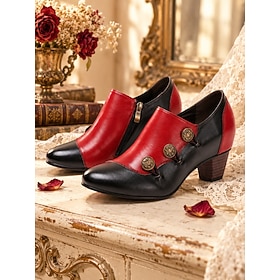 Women's Edwardian Style Genuine Leather Ankle Boots, Vintage Two-Tone Block Heel Boots with Button Detail, Elegant Retro Footwear for Tea Parties, Cosplay, His
