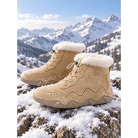 Women's Khaki Fleece-Lined Outdoor Ankle Boots – Lace-Up Genuine Cowhide Leather Winter Boots Feature Plush Cuffs and Non-slip Sole for Hiking, Cold-Weather Wa