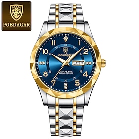 PODEAGAR Men's Quartz Watch, Luxury Blue Dial Analog Wristwatch with Two Tone Stainless Steel Bracelet, Luminous Hands, Date Display, 30M Water Resistant, Clas