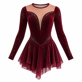 Figure Skating Dress Women's Ice Skating Dress Jacket Burgundy Patchwork Asymmetric Hem Stretchy Training Competition Skating Wear Classic Crystal / Rhinestone