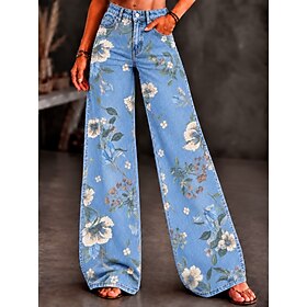 Women's Jean Denim Wide Leg Elegant Vacation Vintage Full Length Mid Waist Floral Graphic Flower / Floral Drawstring Patchwork Printing Comfy Comfort Comfortab