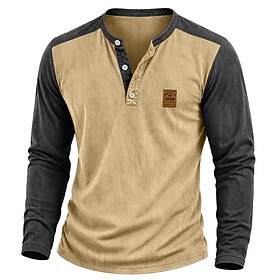 Men's 100% Cotton Acid Wash Shirt Tee Top Long Sleeve Color Block Plain Vintage Streetwear Casual Basic Henley Casual Home Street Fall Winter Spring Fall Khak