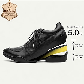 Men's Black Lace-Up Casual Dress Shoes with Hidden 5 cm Height Increase, Classic Modern Design and Contrast Midsole for Office, Smart Casual Outfits, Parties a