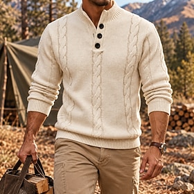 Men Sweater Pullover Sweater Jumper Polo Sweater Cable Knit Regular Tops Knitted Slim Fit Plain Crew Neck Knitwear Contemporary Casual Daily Wear Clothing Appa