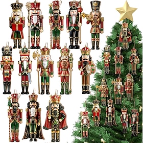 36 Pcs Christmas Nutcracker Ornaments Set Wooden Christmas Tree Nutcracker Hanging Decoration Gold and Red Soldier Figure Pendants Hanging Craft for Xmas Holid