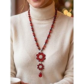Women's Red Beaded Pendant Necklace Resin Alloy Long Statement Necklace with Rhinestone Flower Charm, Vintage Holiday Jewelry for Christmas Party, Sweater Outf