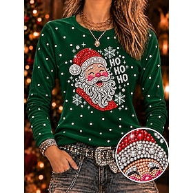 Christmas Women's 100% Cotton Cotton Shirt Rhinestone Floral Graphic Plants Stylish Classic Casual Long Sleeve Crew Neck Round Neck Long Tops Casual Black 1# R