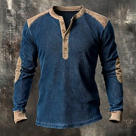 Men's Corduroy Shirt Henley Shirt Tee Top Long Sleeve Henley Fall Winter Color Block Retro Vintage Patchwork Casual Outdoor Street Blue Black Green Top Tee fo