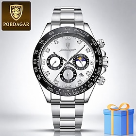 PODEAGAR Men's Quartz Watch, Luxury Chronograph Style Analog Wristwatch with Stainless Steel Band, Luminous Hands, 30M Water Resistant, Round Dial Business Cas